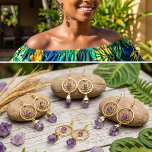 Authentic DreamCatcher Earrings Pair (Amethyst Crystal)(Gold Plated)( Hooks)