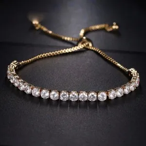Authentic 18K Gold Plated Bolo Tennis Bracelet made w Swarovski Crystal Round Prong Stone