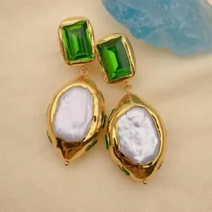 Authentic Cultured White Pearl Green Crystal Gold Plated Dangle Stud Earrings