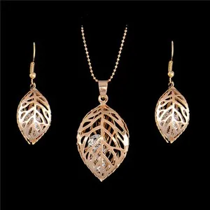 Authentic Gold Plated Crystal Leaf Necklace Pendant Earrings Women Jewelry Set