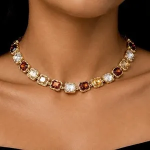 Authentic Multicolor Gold plated Non-Tarnish Cushion Crystal Choker Adjustable