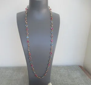 Authentic AUSTRIAN VINTAGE BEZEL MULTICOLOR CRYSTAL GOLD PLATED NECKLACE 31" L