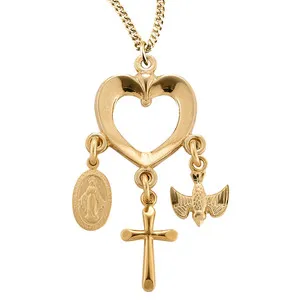 Authentic Gold Plated Sterling Silver Heart Miraculous Cross & Holy Spirit Medal 18" Chain