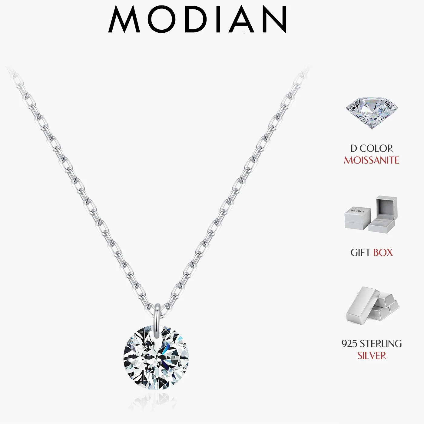 Authentic Modian 0.1Ct 0.3Ct 0.5Ct Vvs1 Clarity Moissanite 925 Sterling Silver Classic Round Pendant Necklace Fine Jewelry