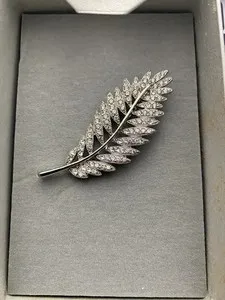Authentic Feather Brooch Pin 2 Ct Round Cut Simulated Diamond 14k White Gold Plated