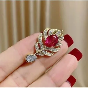 Authentic Mystic Feather Brooch – Pink Ruby Heart in 14K Gold