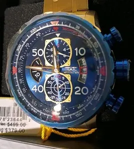 Authentic 46- Invicta MenAviator 18K Gold Plated Blue Dial Tachy S.S Chrono Watch-