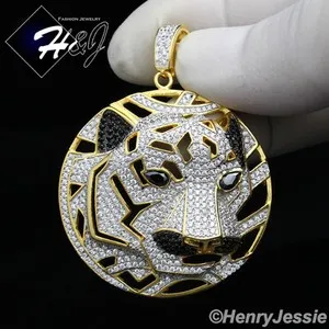 Authentic MEN 925 STERLING SILVER ICY CUBIC ZIRCONIA GOLD PLATED 3D TIGER HEAD PENDANT*P46