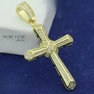 Authentic Men's 925 Sterling Silver 46mm CZ Iced Brilliant Cross Charm.Gold Plated,Box
