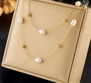 Authentic Layered Gold Plated Necklace with Baroque Pearls, Beaded Design, 40+5cm & 46+5cm