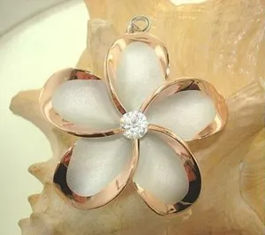 Authentic 46MM RHODIUM ROSE GOLD PLATED 925 SILVER SATIN HAWAIIAN PLUMERIA CZ PENDANT #5