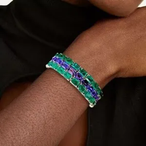 Authentic 46 ctw Green Emerald & Tanzanite 14K White Gold Plated Three Row Tennis Bracelet