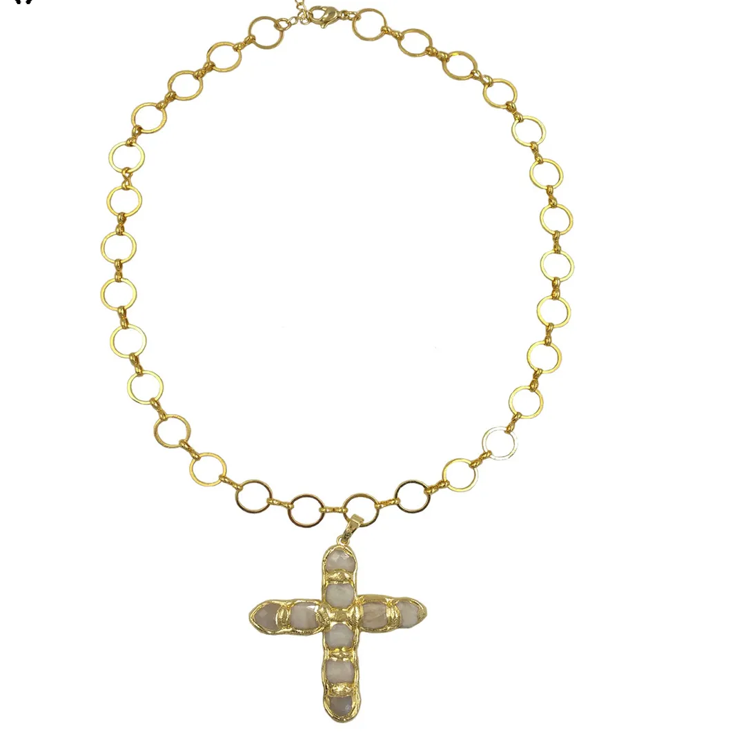 Authentic WT-N1491 Amazing High Quality Natural Gemstone Necklace Cross Shape Gold Plated Circle Chain Multi Colors Women Jewelry