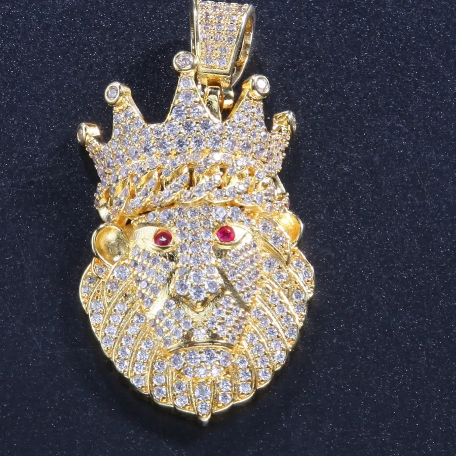 Authentic Hip Hop AAA CZ Zircon Paved Bling Iced Out Crown Lion Animal Pendants Necklace for Men Rapper Jewelry Gold Color