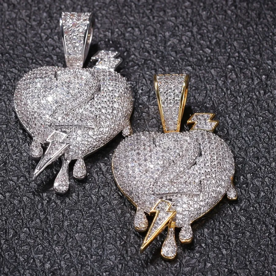 Authentic Micro Paved AAA Cubic Zirconia Number 2 Lightning Heart Pendants Necklaces Men Hip Hop Bling Ice Out CZ Rapper Jewelry
