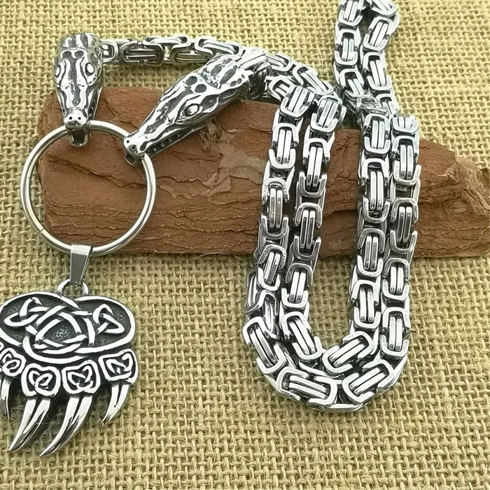 Authentic Viking Odin Wolf Claw Pendant Necklace Animal Crocodile Head King Chain Men's Jewelry