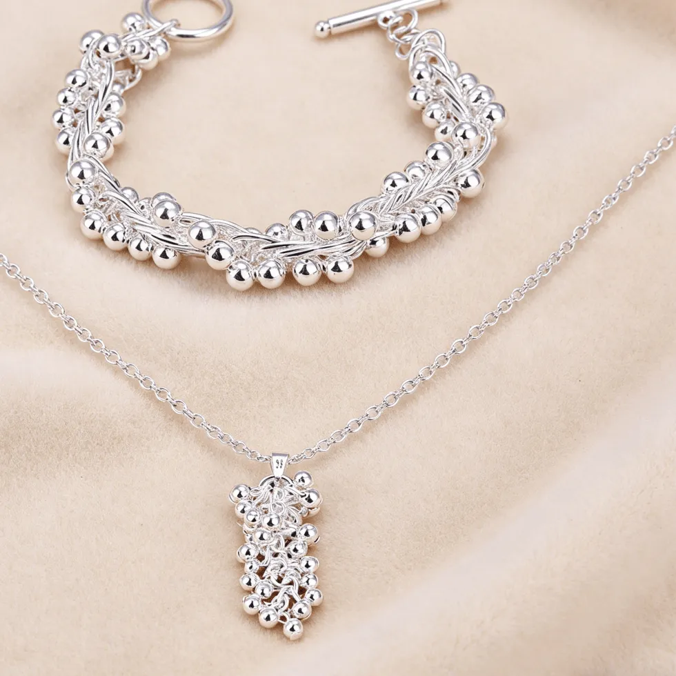 Authentic Grape of Abundance: Sterling Silver Necklace and Bracelet Set for Women