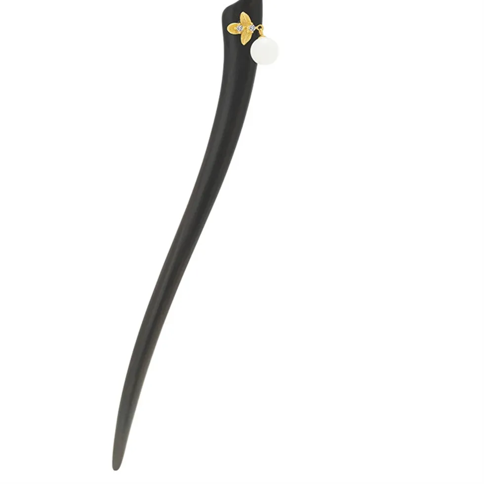 Authentic S925 Sterling Silver Women's Men Hairpin Retro Ebony Wood Bamboo Hotan Jade Blossom Chinese Style Hanfu Hair Accessories Jewelry