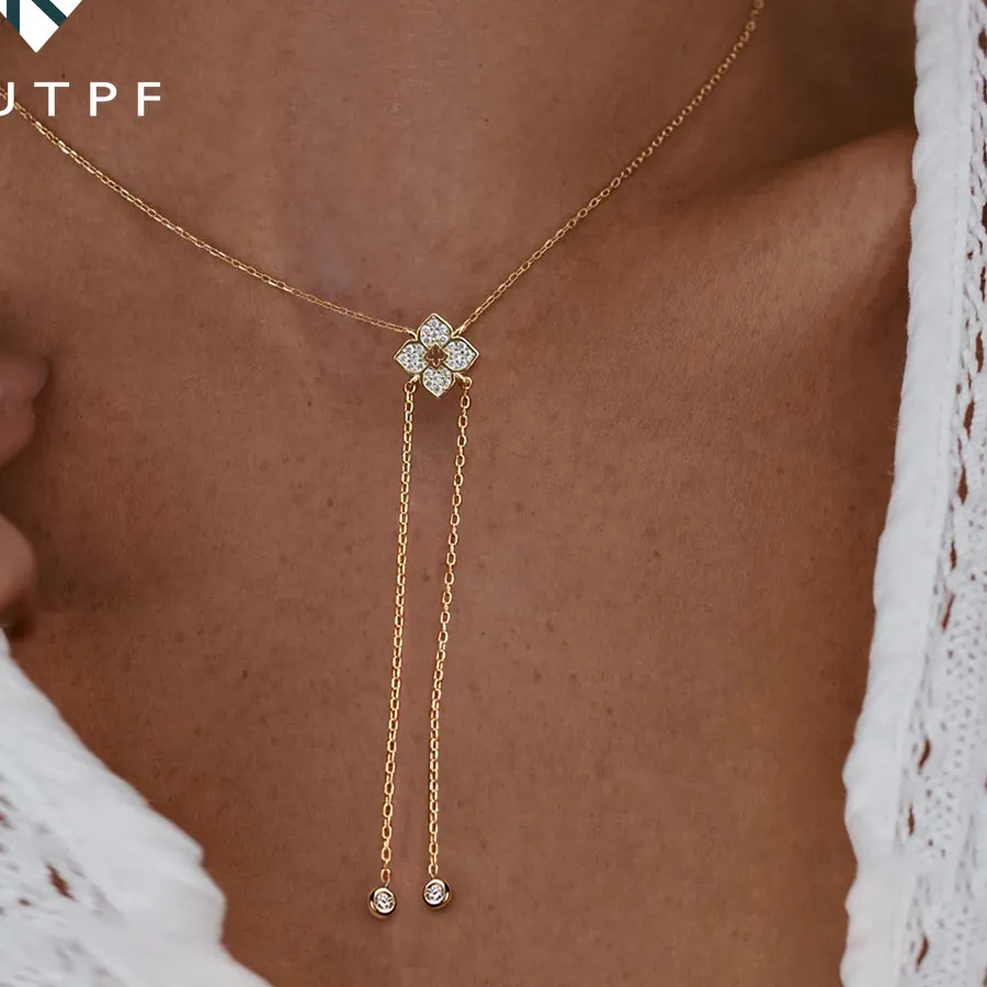Authentic Four-leaf Clover Moissanite Lariat Pendant Necklace for Women 925 Sterling Silver Y-Shape Long Tassel Drop Necklaces Bracelet