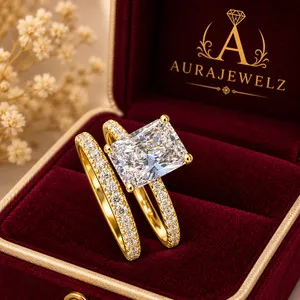 Authentic 3Ct Radiant Moissanite Engagement Bridal Band Ring 14k Yellow Gold Plated Set