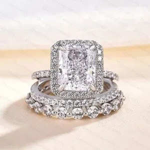 Authentic 3.58 TCW Radiant Cut Moissanite Trio Set Engagement Ring 14k White Gold Plated