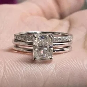 Authentic 2.60Ctw Radiant Moissanite 14k White Gold Plated Engagement Bridal Trio Ring Set
