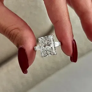 Authentic 3Ct Radiant Cut Moissanite Three-Stone Engagement Ring 14k White Gold Plated