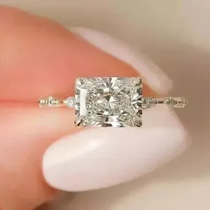 Authentic Engagement East-West Ring 3Ct Real Moissanite Radiant Cut 14K White Gold Plated