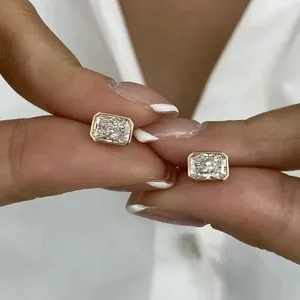 Authentic 4CT Radiant Cut Moissanite Bezel Set Stud Earring 14k Yellow Gold Plated