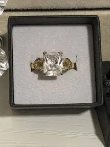 Authentic Radiant Cut Huge CZ Engagement Ring - 14K Gold Plated Adjustable, Statement