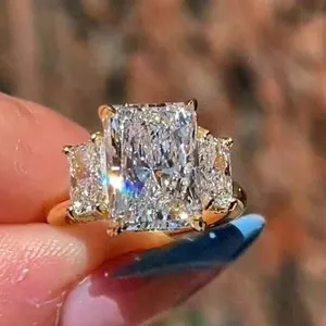 Authentic 10x8mm Radiant Cut Moissanite 3-Stone Engagement Ring 14K Yellow Gold Plated 925