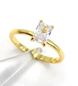 Authentic Radiant Cut Simulated Diamond Solitaire Rectangle Gold Plated Sterling Ring sz 9