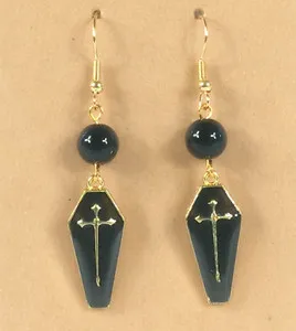 Authentic Black Agate Enameled Coffin Earrings Handcrafted Gold Plated