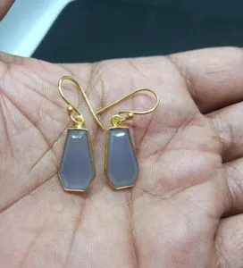 Authentic Coffin Shape Gray Gemstone Gold Plated Dangle Earrings Jewelry For Her