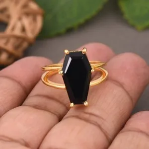 Authentic Coffin Design Black Onyx Rings Yellow Gold Plated Handmade Jewelry For Her