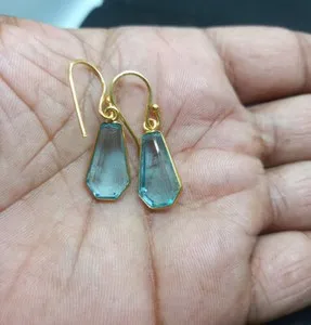 Authentic Coffin Shape Blue Topaz Gold Plated Dangle Earrings Jewelry For Her