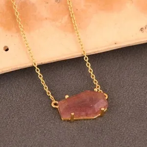 Authentic Quartz Gemstone Yellow Gold Plated Coffin Pendent Necklace Handmade Jewelry