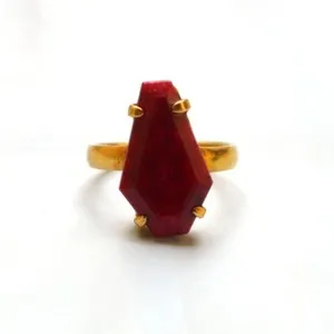 Authentic Genuine Coffin Raw Ruby Gemstone Silver 18K Yellow Gold Plated Ring Size 8