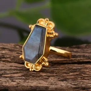 Authentic Labradorite Gold Plated Coffin Ring Sterling Silver Band Statement Boho Ring