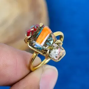 Authentic Orange Oyster Coffin Gemstone 925 Sterling Silver Ring Gold Plated
