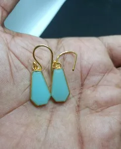 Authentic Coffin Shape Aqua Chalcedony Gold Plated Dangle Earrings Jewelry For Her