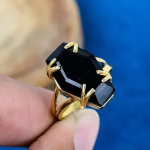 Authentic Coffin Black Onyx Gemstone Handmade Gold Plated 925 Sterling Silver Ring
