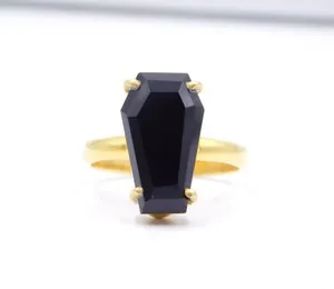 Authentic Gold Plated 925 Sterling Silver Natural Black Onyx Coffin Shape Gemstone Ring