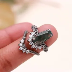 Authentic 100% Natural Moss Agate Coffin Ring 925 Sterling Silver Black Oxidized Jewelry