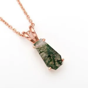 Authentic Natural Moss Agate Coffin Pendant Rose Gold Plated 925 Silver Handmade Jewelry