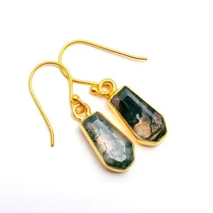 Authentic Natural Moss Agate Coffin Shape 925 Sterling Silver Gold Plated Dangle Earrings