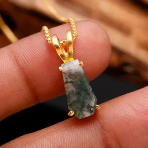 Authentic Vintage Gold Plated 925 Sterling Silver Jewelery AAA+ Moss Agate Coffin Pendant