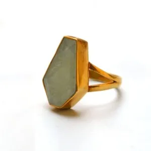 Authentic Coffin Natural Aquamarine Gemstone Silver 18K Yellow Gold Plated Ring Size 8