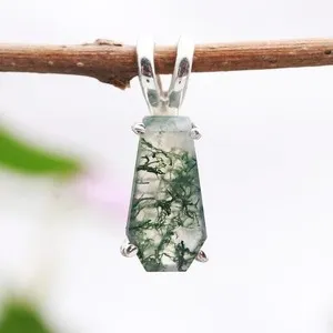 Authentic 100% Natural Moss Agate Coffin Chain Necklace 925 Sterling Silver Dainty Jewelry