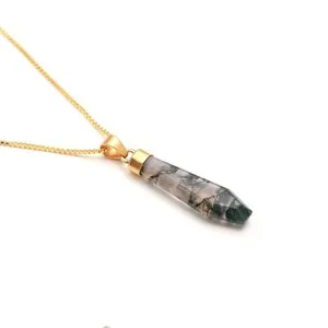 Authentic Natural Moss Agate Coffin Necklace Gold Fill 925Sterling Silver Handmade Jewelry